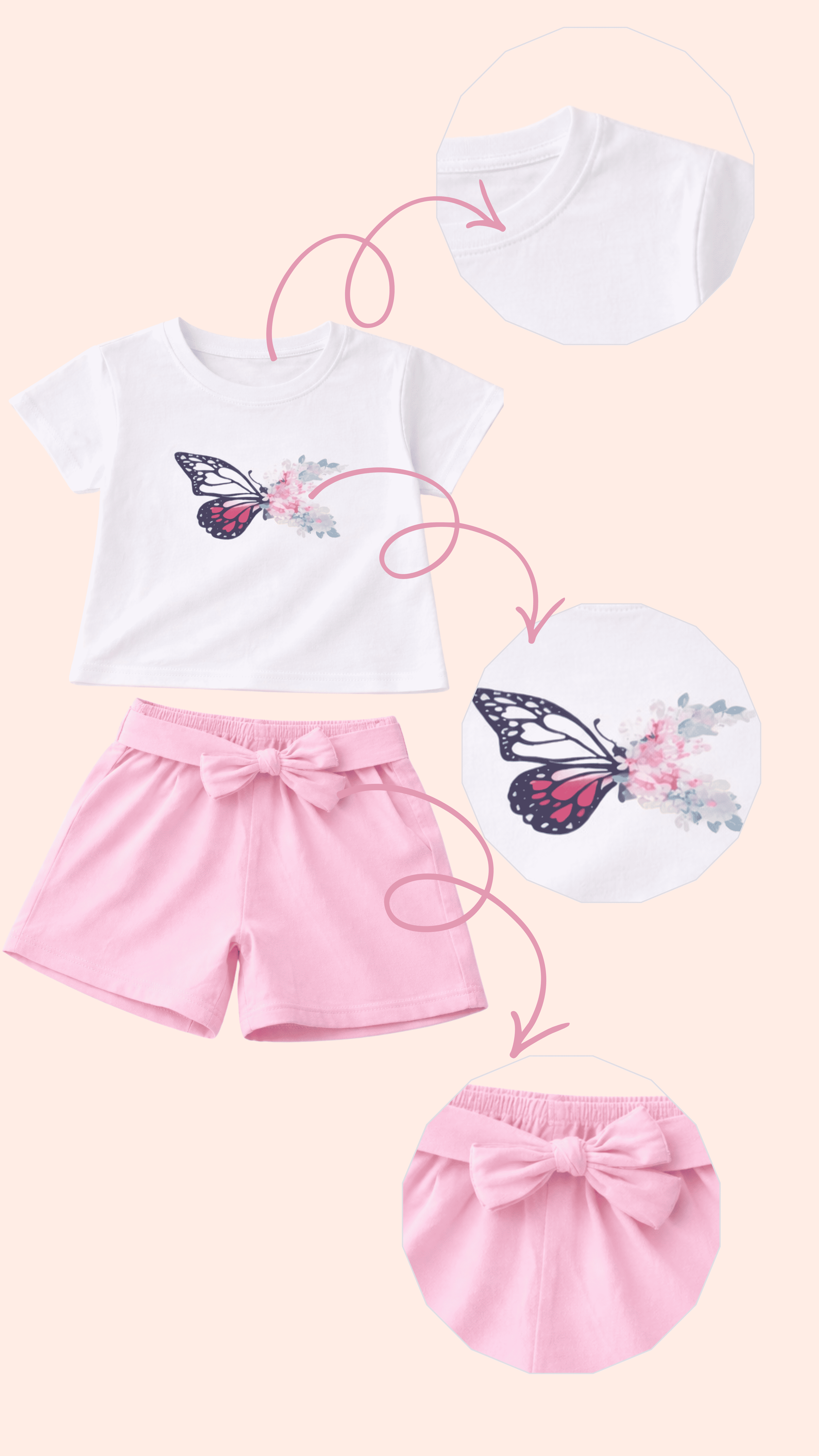 Girls pink shorts set with butterfly print t-shirt