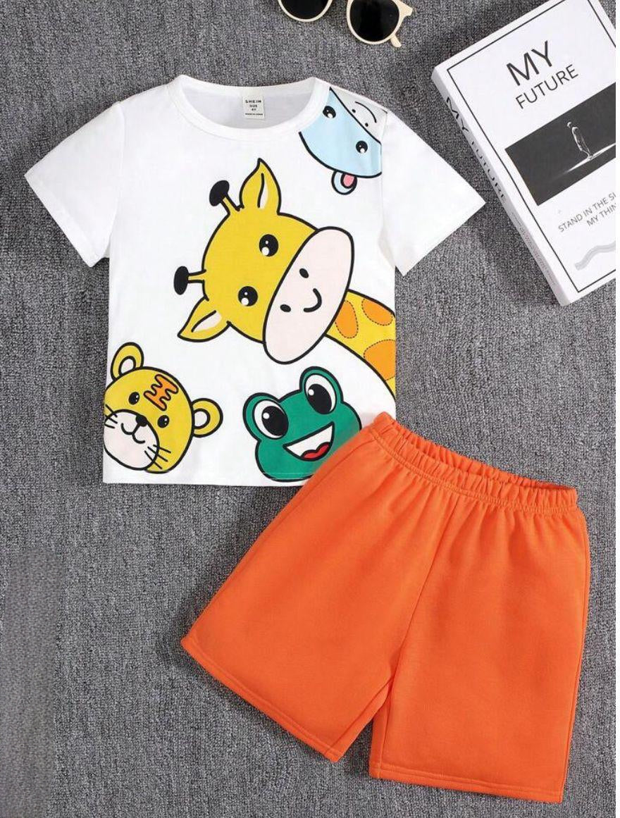 Plush-Nifty Basics Premium Short & Shirt Set - Animal Kingdom in Orange