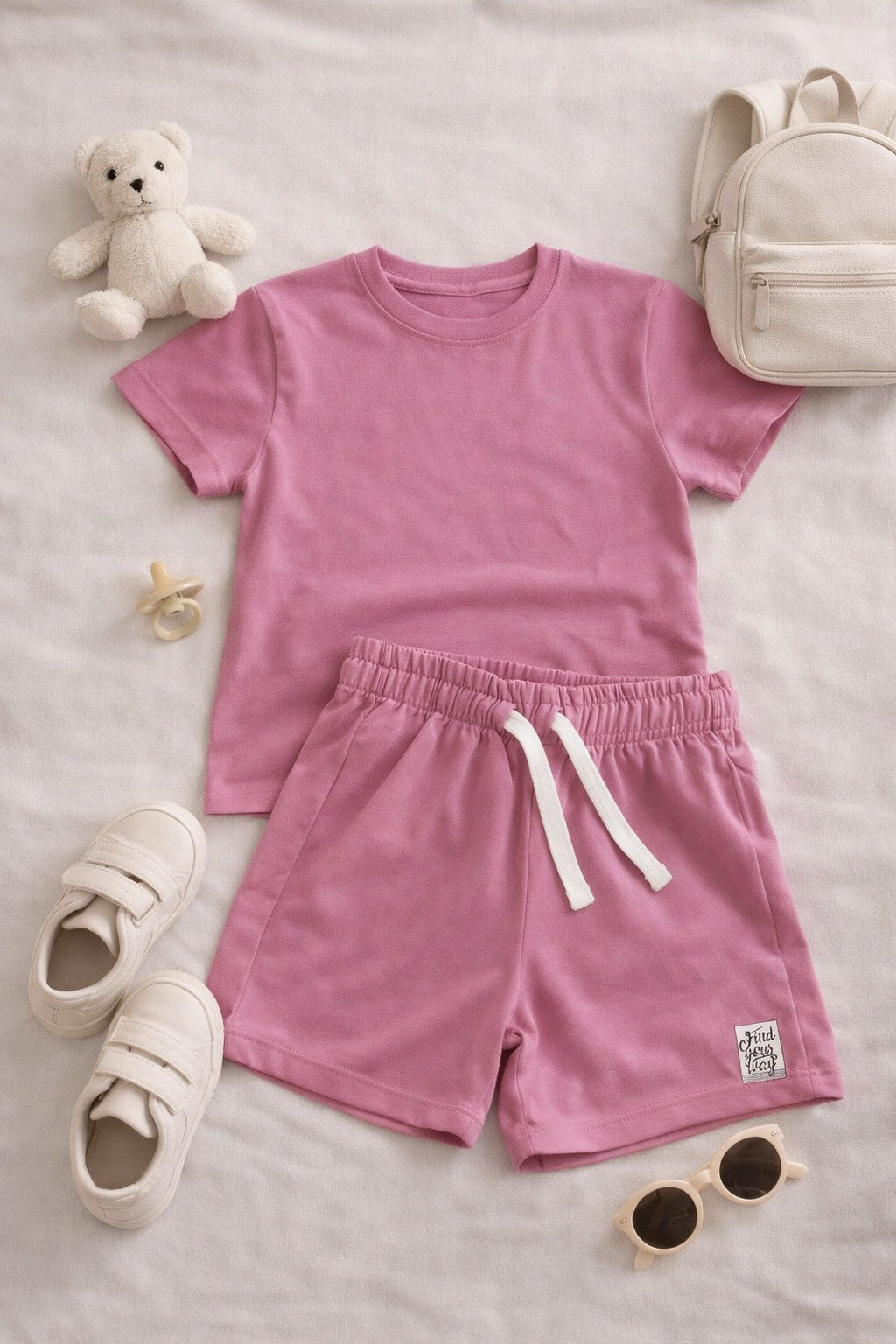 Girls pink shirt and shorts co-ord set in Pakistan by Basics by Nifty, soft breathable everyday summer outfit for kids