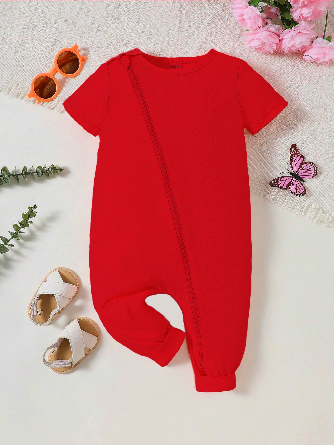 Plush-Premium Half Sleeve Romper - Red