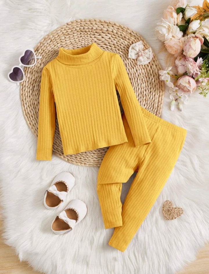 Plush-High Neck Style Ribbed knit Sweat Set - Yellow