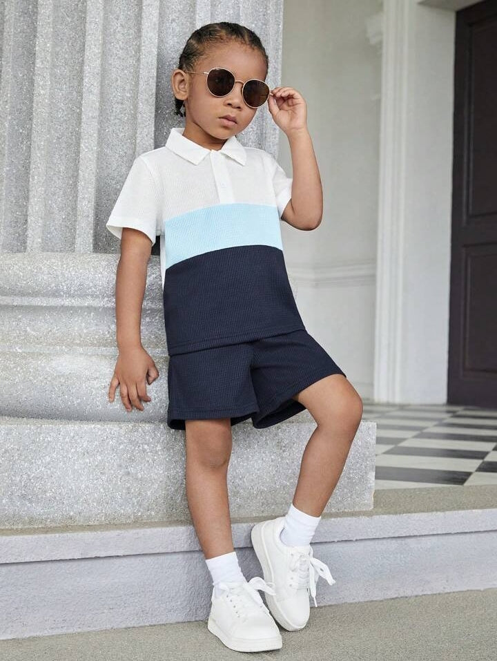 Plush-Baby Plaid Polo Shirt & Shorts-Blue/Black/White