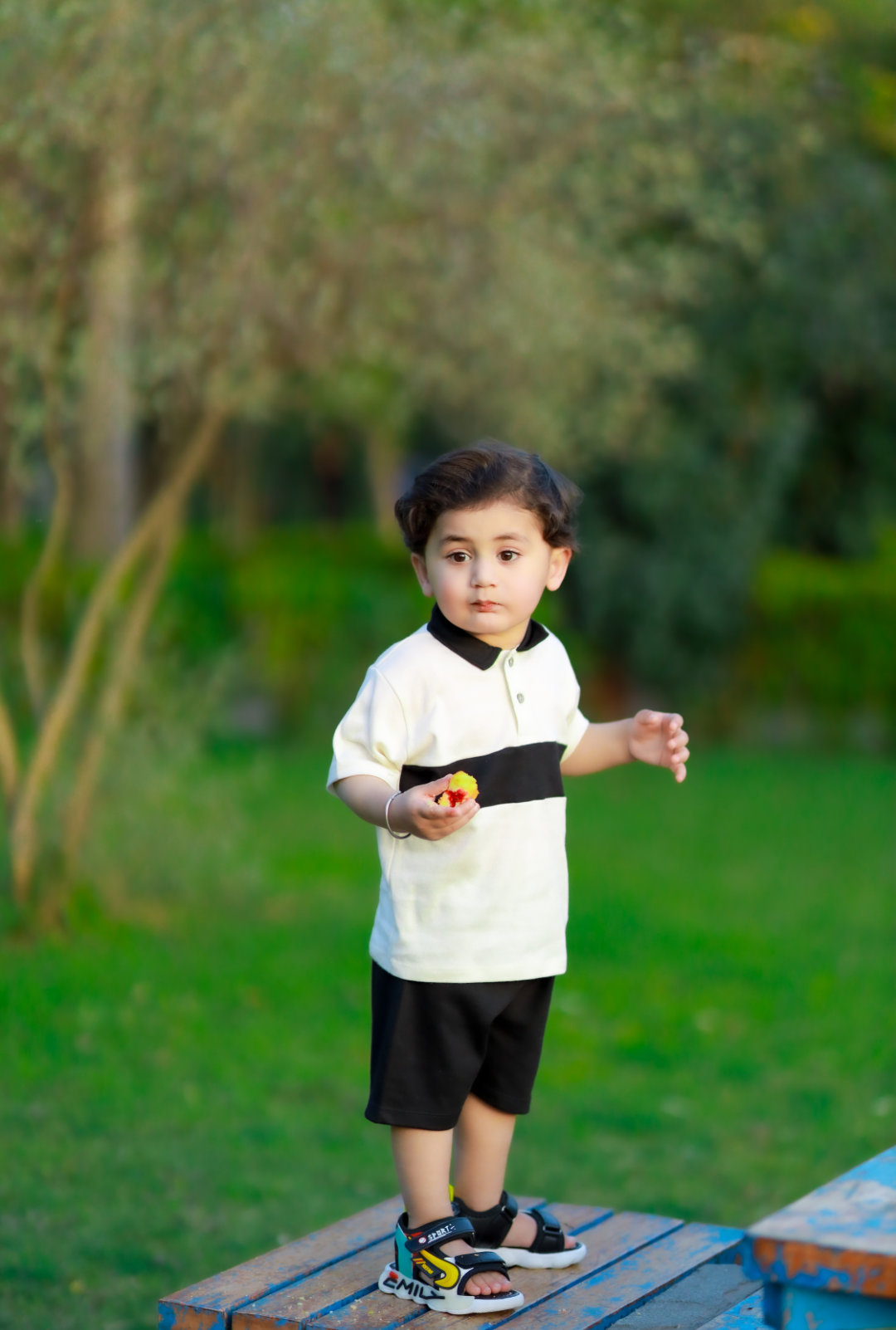 Plush-Baby Plaid Polo Shirt & Shorts-White