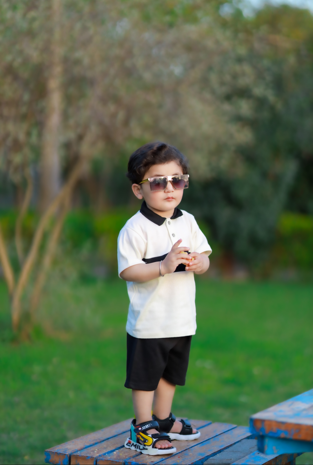 Plush-Baby Plaid Polo Shirt & Shorts-White