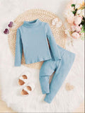 Plush-High Neck Style Ribbed Knit Sweat Set - Sky Blue