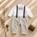 Baby boy gentleman romper with white top, light grey bow tie and suspenders