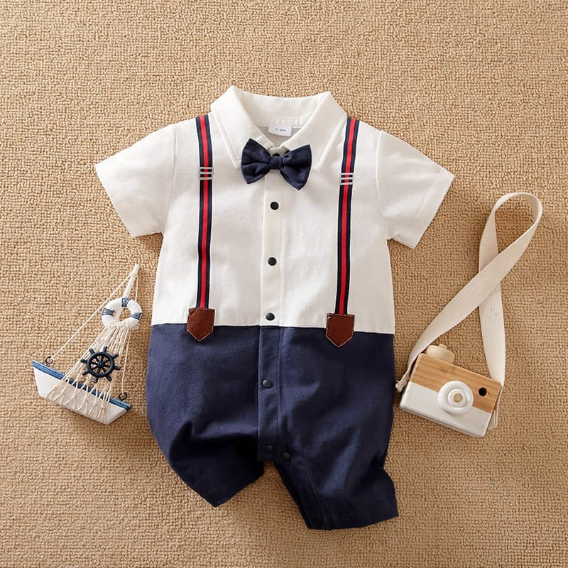 Plush-Polo Romper - Half Sleeves White & Blue Contrast with Bowtie