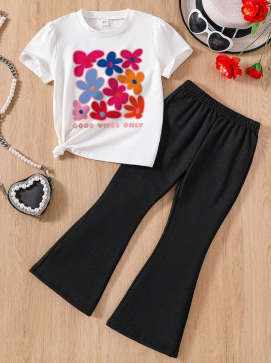 PLUSH-Nifty Basics Premium - Flowers in Black Contrast with Flapper Trousers