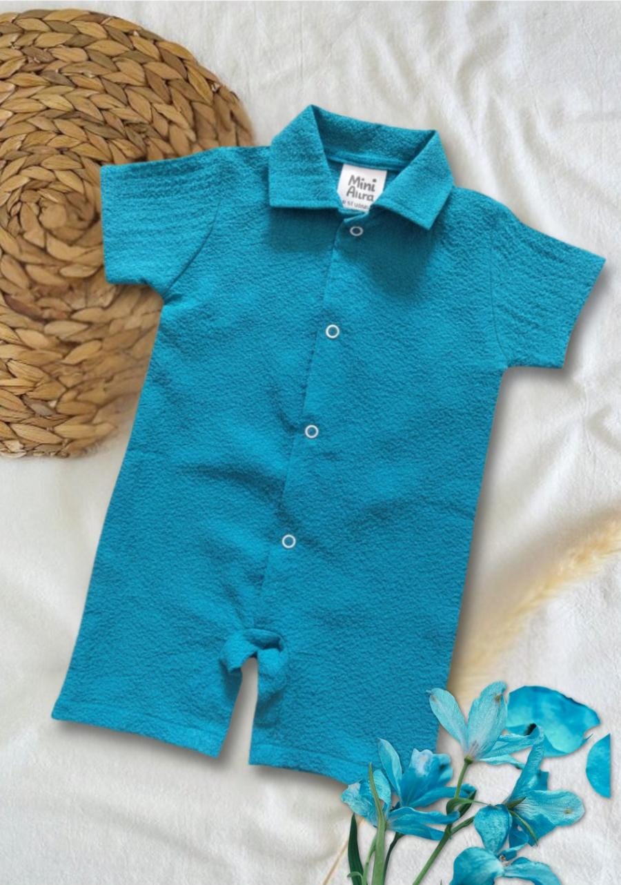 Baby green collared romper with short sleeves and front buttons for infants