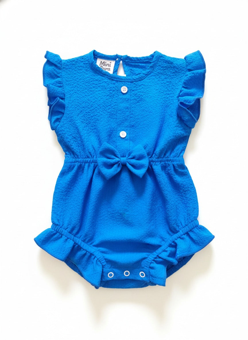 Baby girls blue bow romper with ruffle sleeves and snap buttons for infants