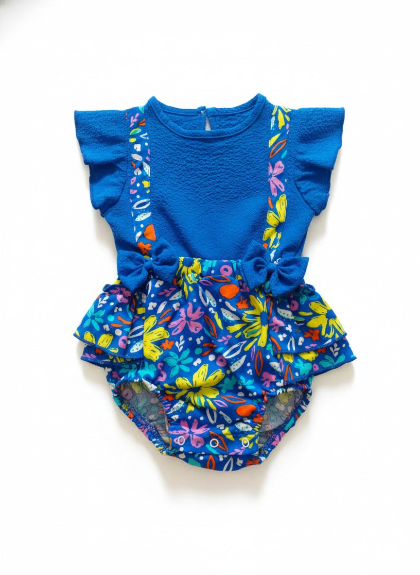 Baby blue floral romper dress with ruffle sleeves and colorful floral pattern for baby girls