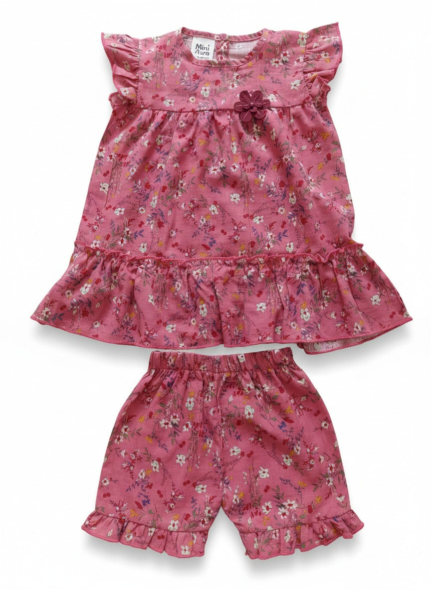 Girls pink floral top and shorts set for kids with ruffle sleeves and matching floral shorts
