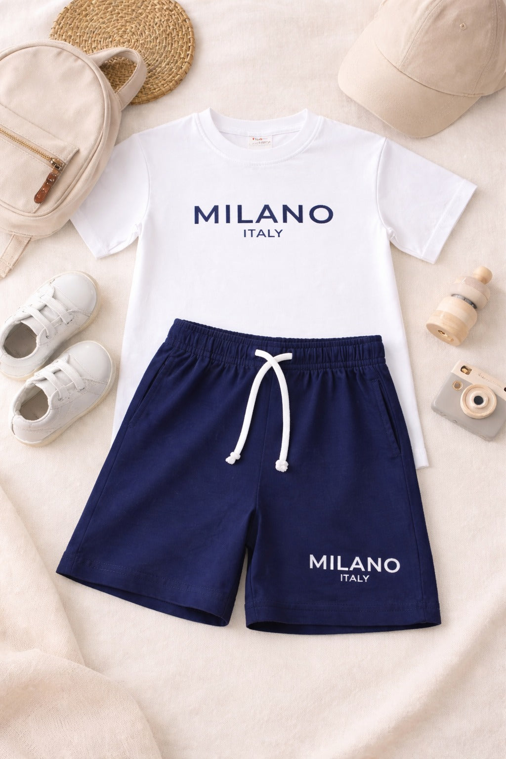 Nifty Basics Boys T-Shirt and Shorts Set (Milano Italy) – White & Navy