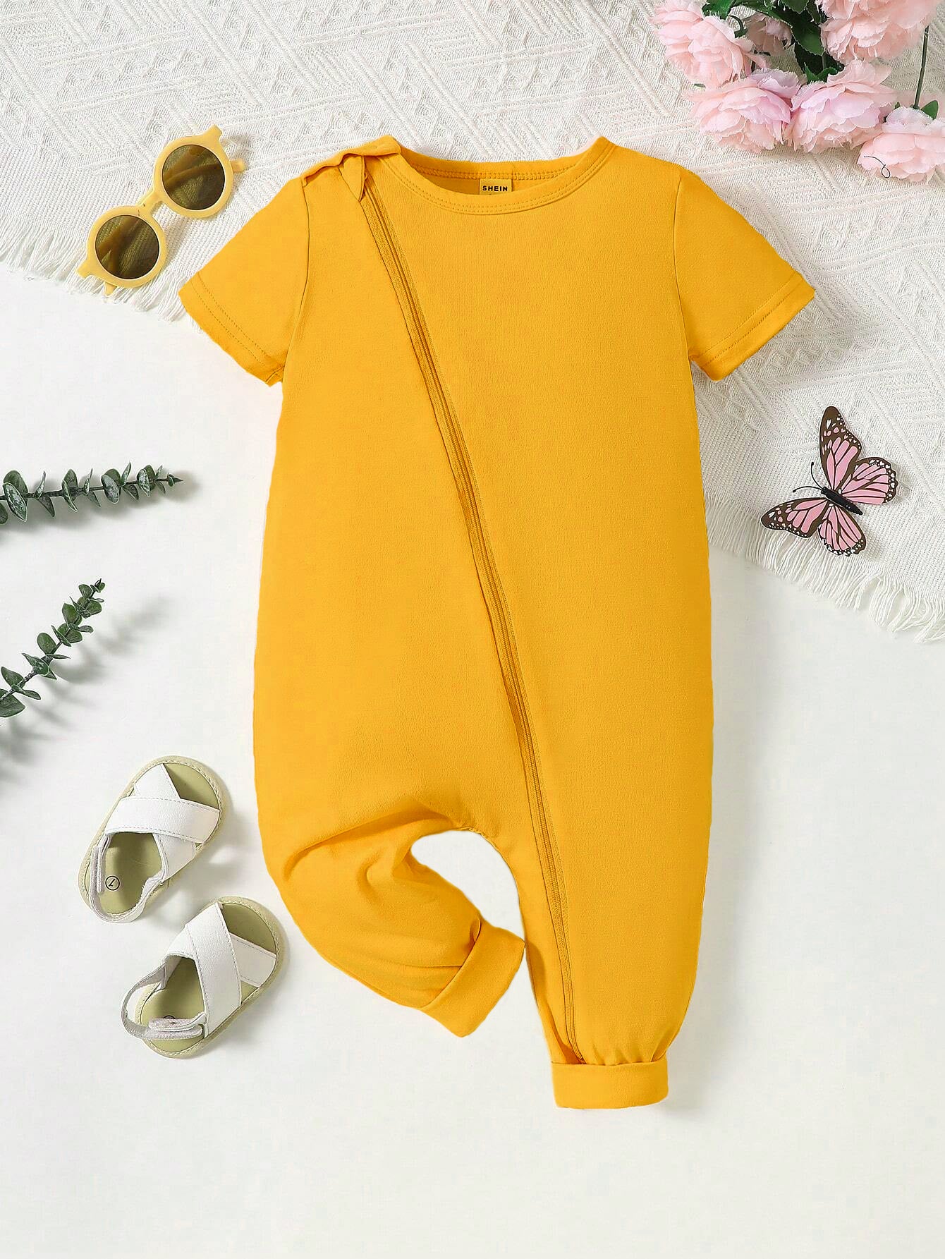 Plush-Premium Half Sleeve Romper - Yellow