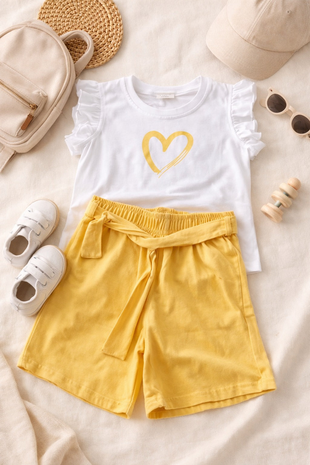 Girls white shirt and yellow shorts set with heart print in Pakistan by Basics by Nifty, soft breathable summer co-ord outfit for kids