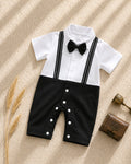 Baby boy black bow-tie suspender romper