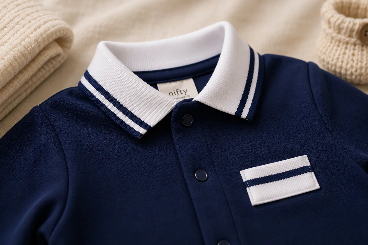 Baby Boy Romper – Navy Blue with White Striped Collar Jumpsuit