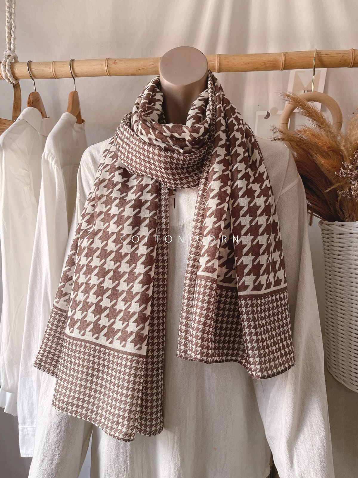 Brown and white silk-satin scarf featuring a large and small scale houndstooth pattern