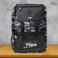 Racing car print black backpack for boys