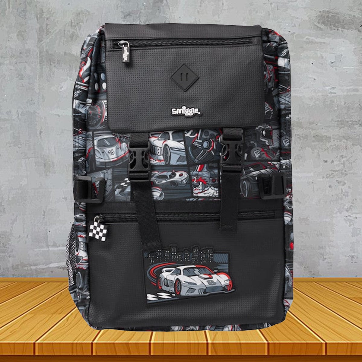 Racing car print black backpack for boys