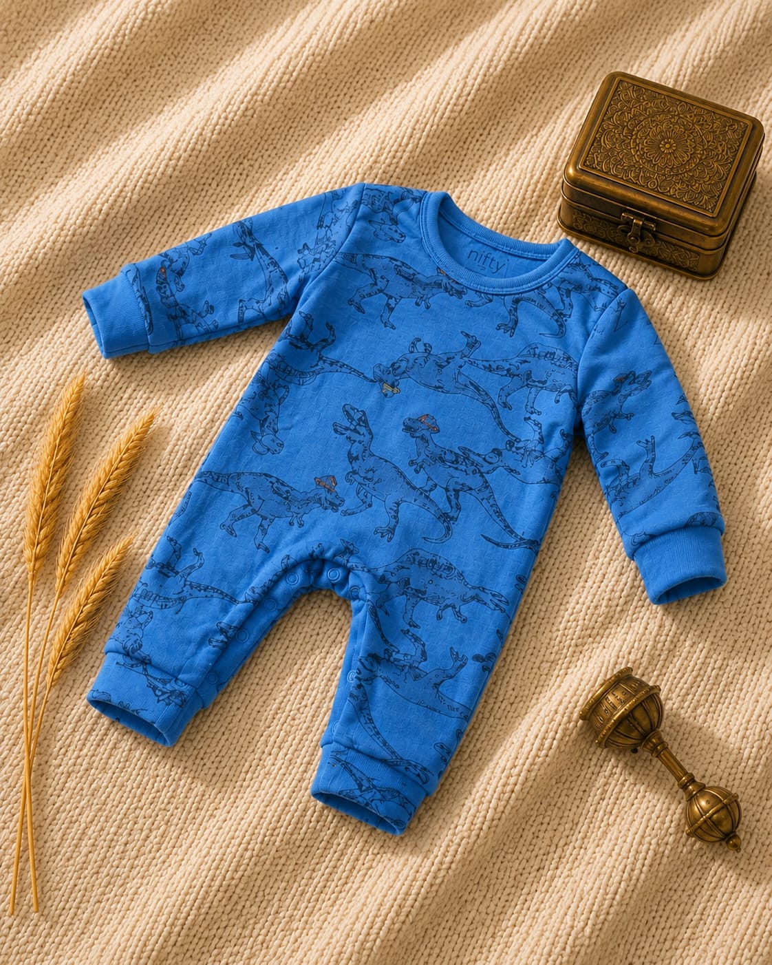 Baby Dinosaur Print Romper | Blue Long Sleeve Jumpsuit
