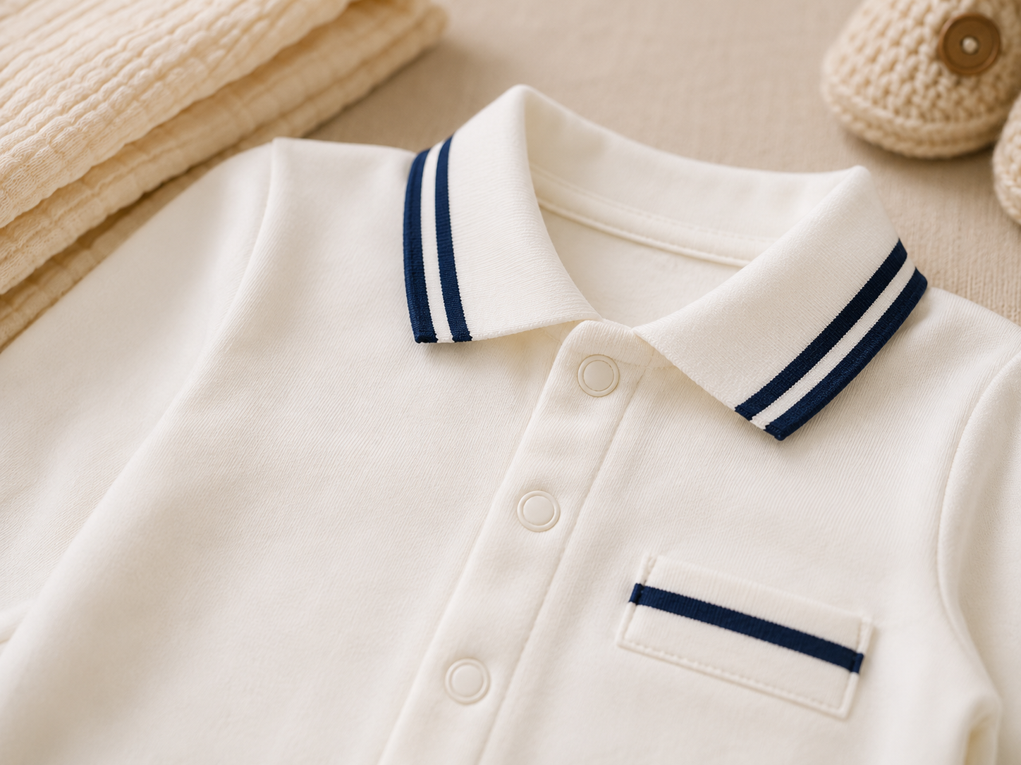 Baby Boy Romper – White & Navy Striped Collar Jumpsuit