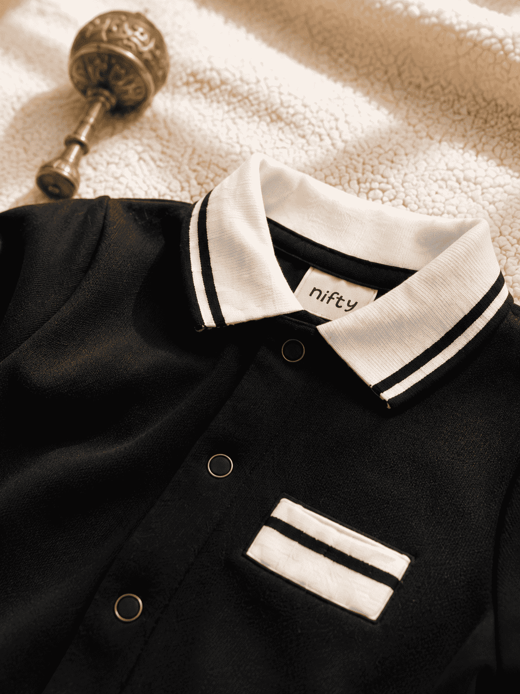 Baby Boy Romper – Black with White Striped Collar Jumpsuit