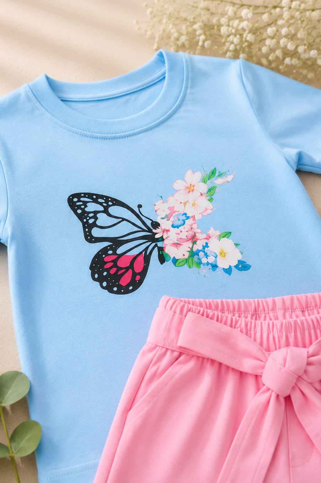 Girls Sky Blue & Pink Contrast T-Shirt & Shorts Set