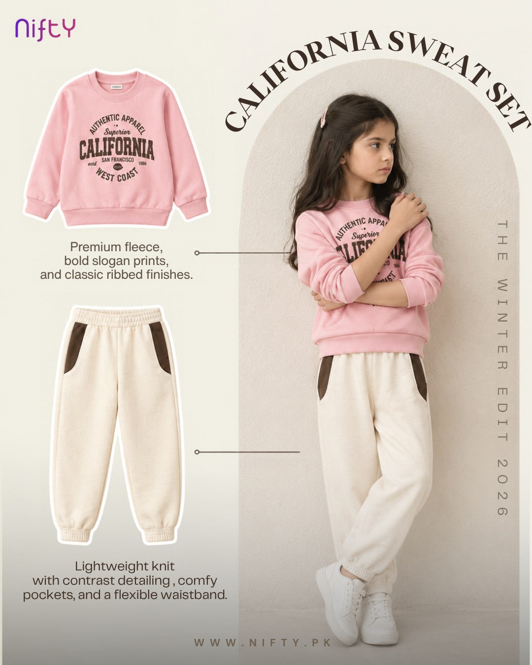 Kids pink California print fleece sweatshirt and cream jogger set
