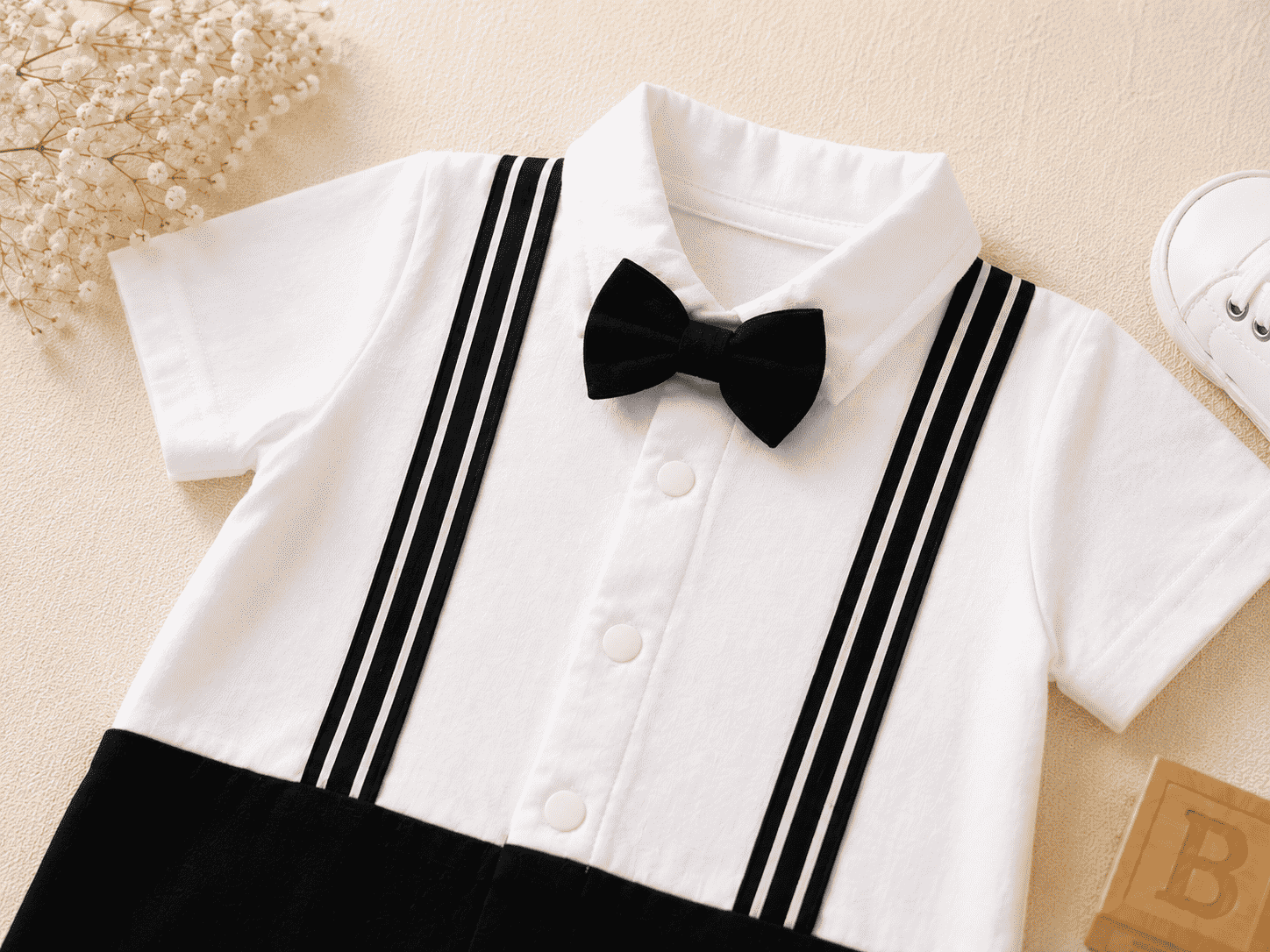 Baby Boy Bow Tie Romper | Polo Collar Suspender Bodysuit – Interlock Fabric