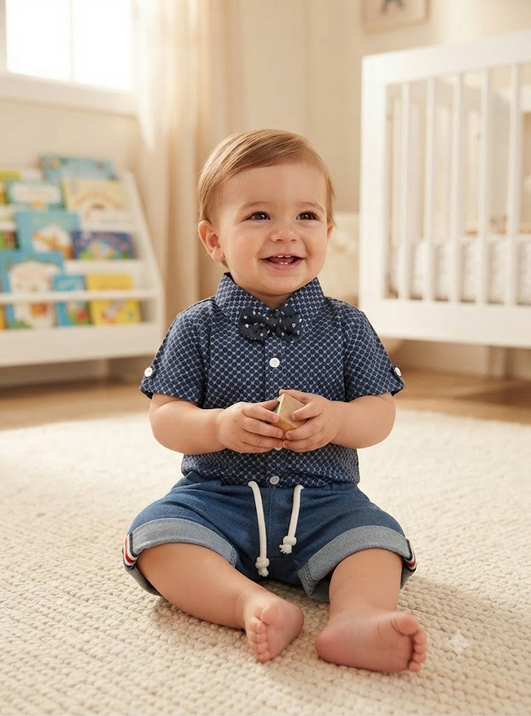 Navy blue baby shirt romper and shorts set