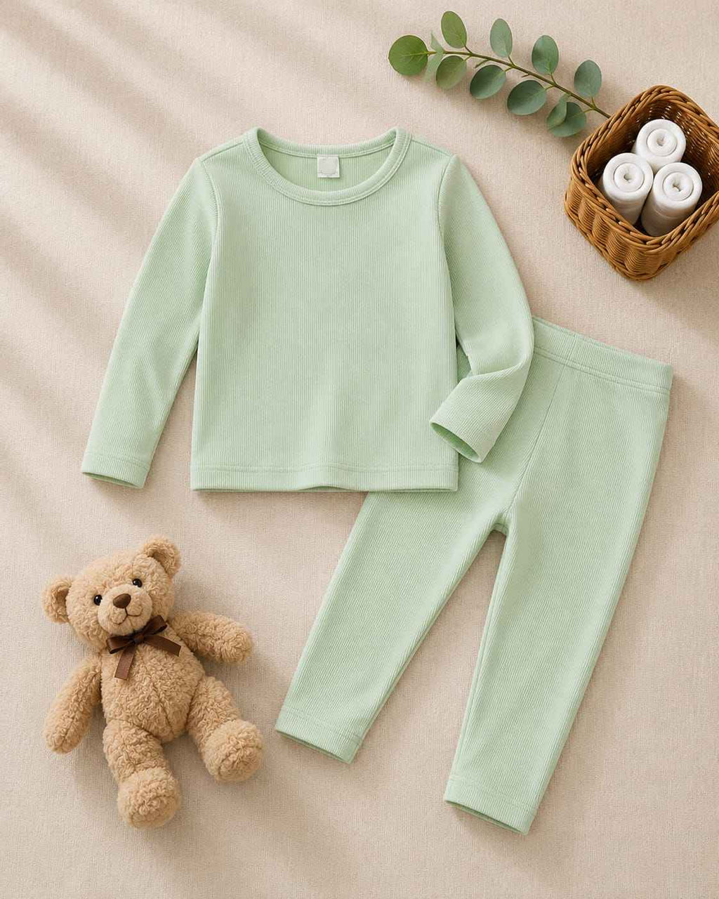 Plush Round Neck Style Ribbed Knit Sweat Set - Mint Green