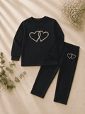 Girls Black Heart Print T-Shirt & Trouser Set