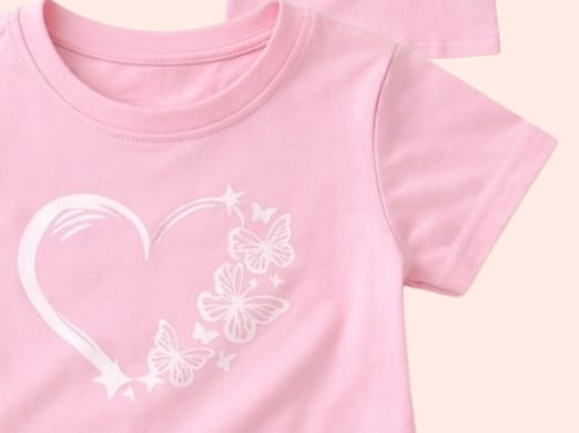 Pink girls outfit set with butterfly heart graphic t-shirt and matching shorts