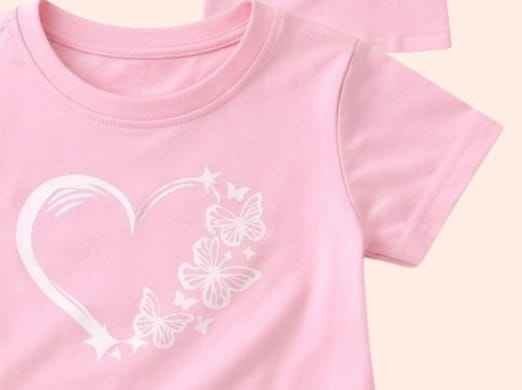 Pink girls outfit set with butterfly heart graphic t-shirt and matching shorts