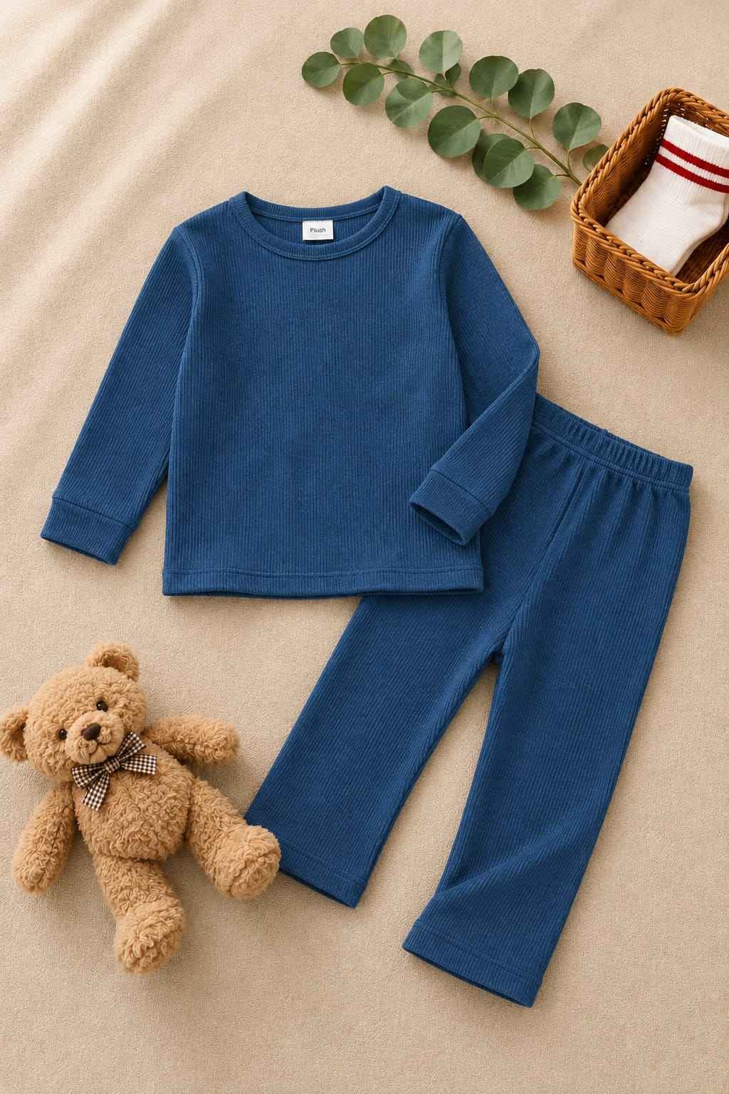 Plush Round Neck Style Ribbed Knit Sweat Set