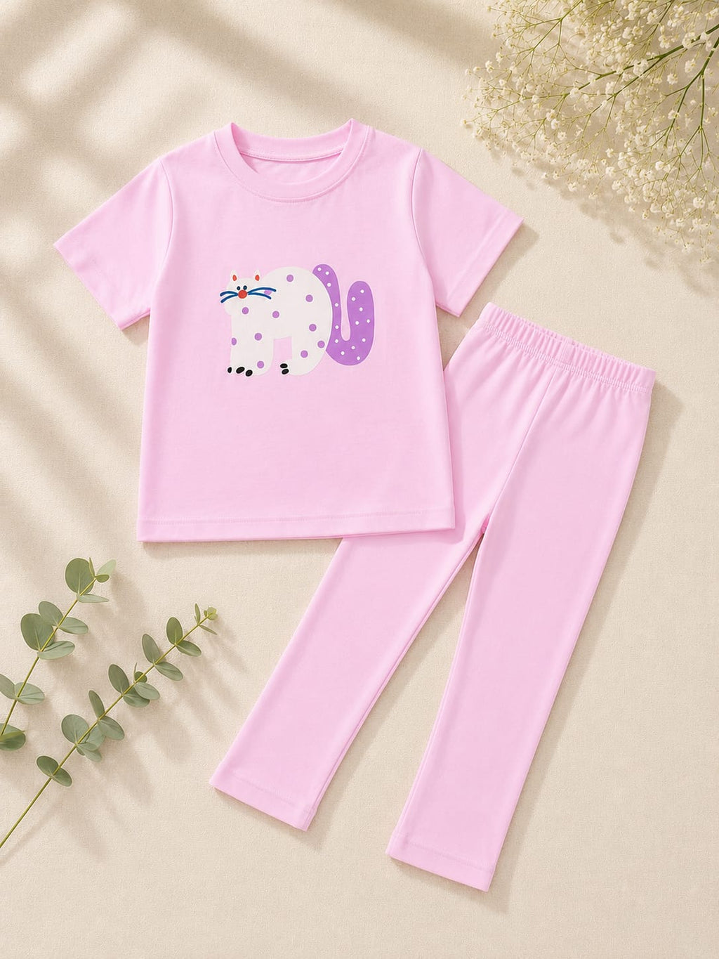 Girls Pink Cat Print T-Shirt & Trouser Set