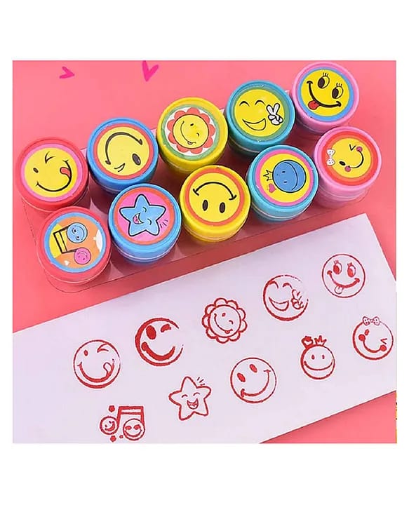 10-piece colorful self-inking emoji stamper set for kids' crafts and rewards.