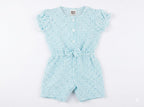 Light blue striped baby girls romper with puff sleeves and front buttons