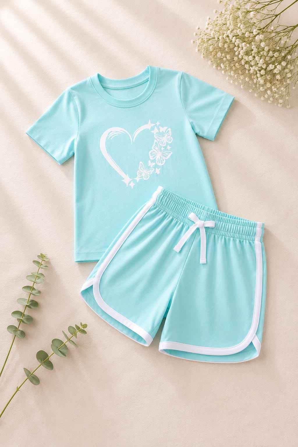 Girls Sea Green Butterfly Heart T-Shirt & Shorts Set