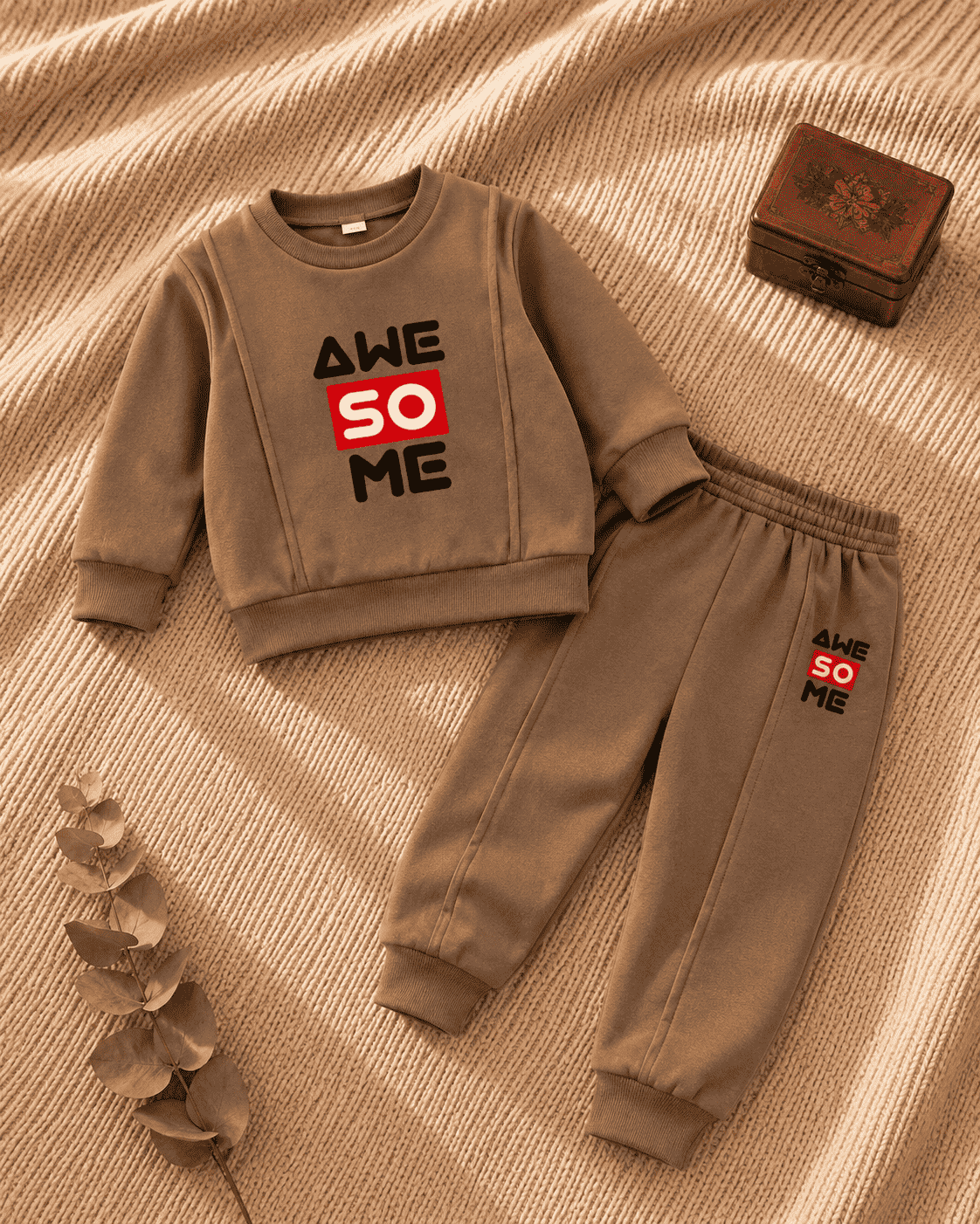 Mocha brown kids tracksuit set with Awe So Me print
