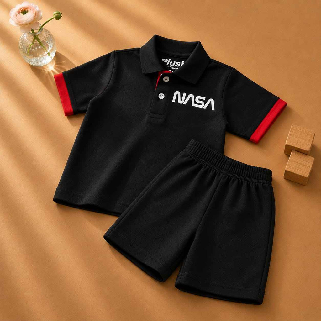 Plush-Baby Plaid Polo Shirt & Shorts-Black