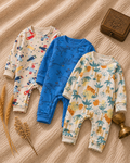 Pack of 3 baby rompers – airplane, dinosaur, jungle print cotton jumpsuit