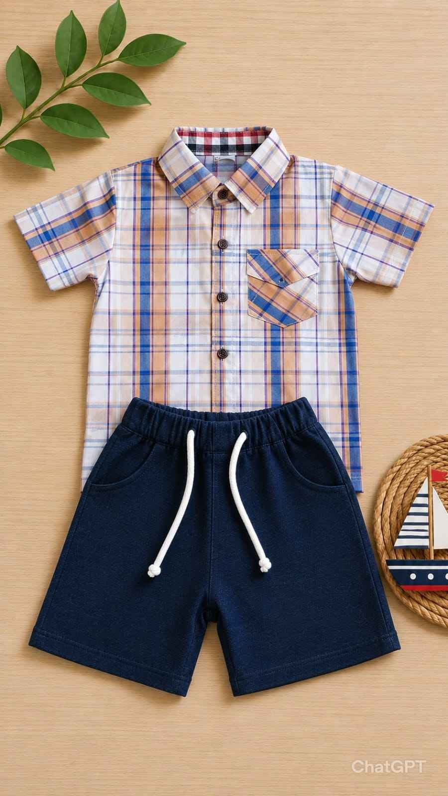 Boys beige blue plaid shirt and navy shorts set