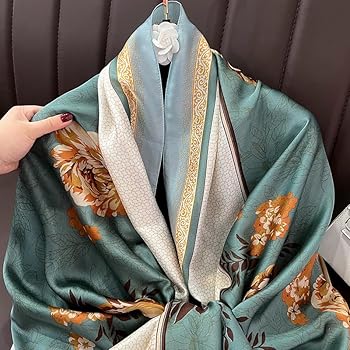 Sage green silk-satin scarf with yellow peony floral print and decorative cream border