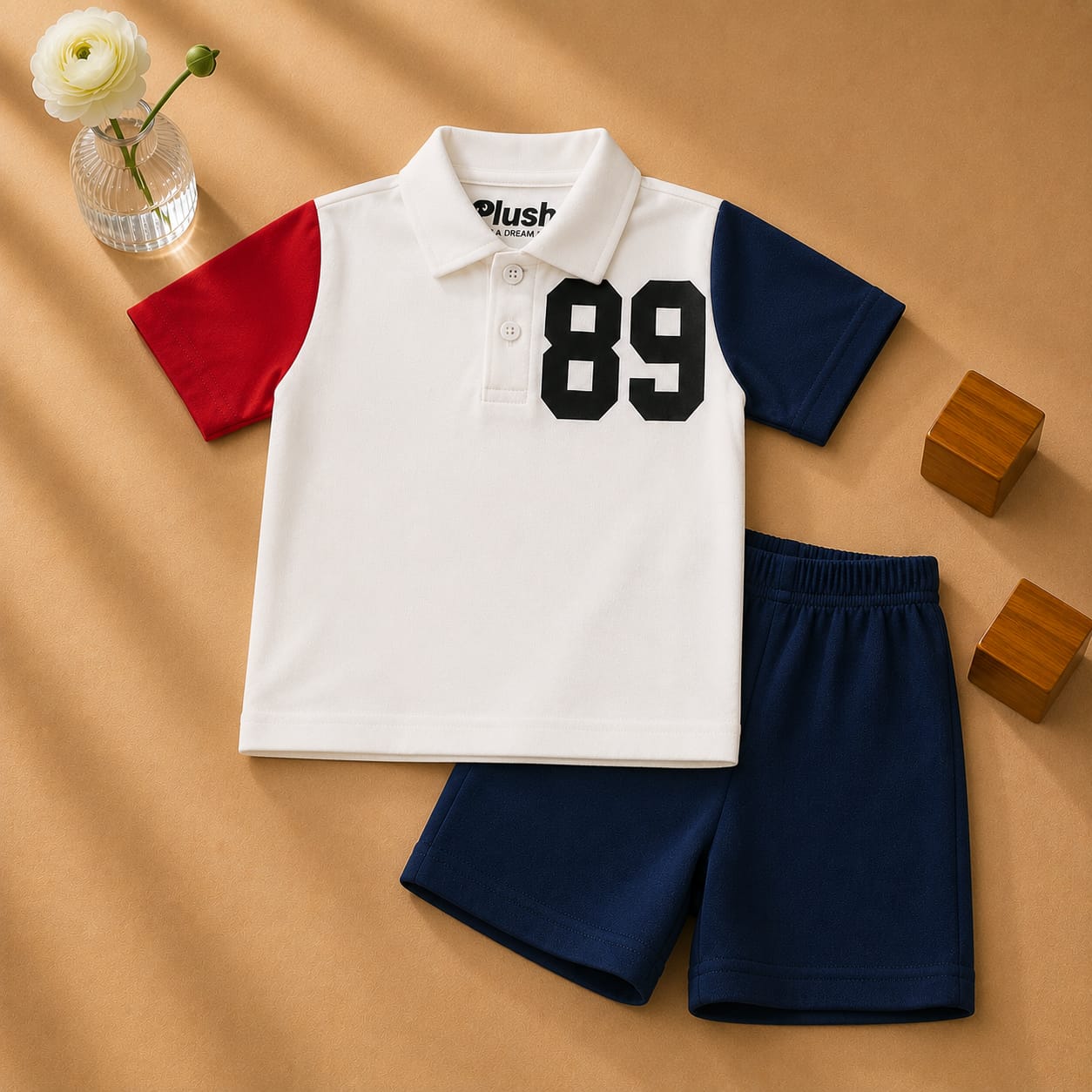 Plush-Baby Plaid Polo Shirt & Shorts-Red-White
