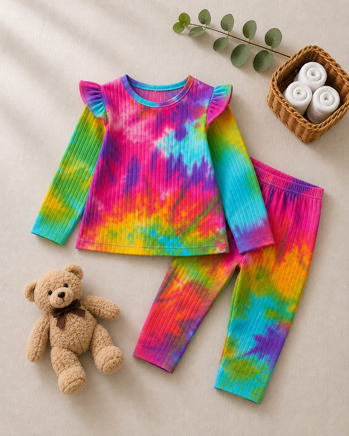 Plush Shoulder Frill Style Ribbed Knit Basic Set - Rainbow