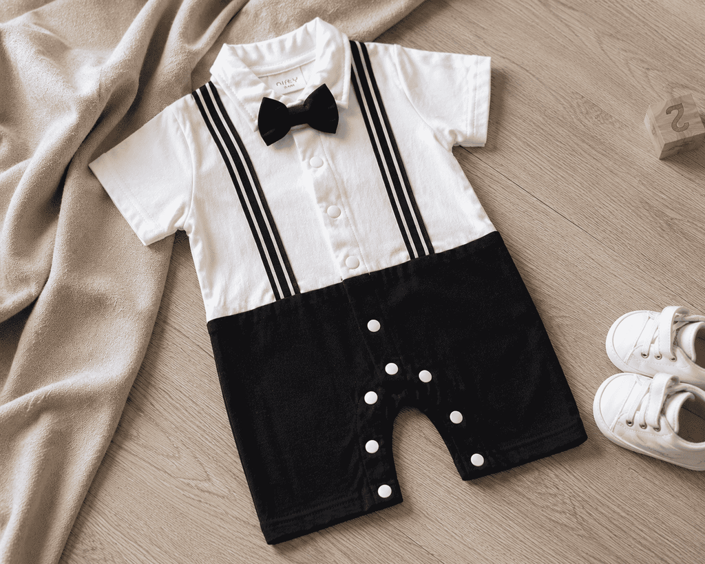 Baby Boy Black Suspender Romper with Bow Tie | Nifty Pakistan