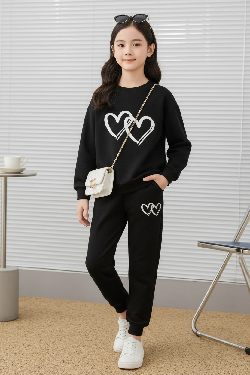 Girls black sweatshirt and jogger tracksuit set with white heart print