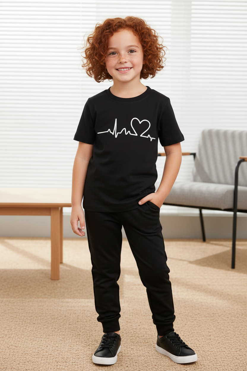 Girls black heartbeat t-shirt and jogger set for summer